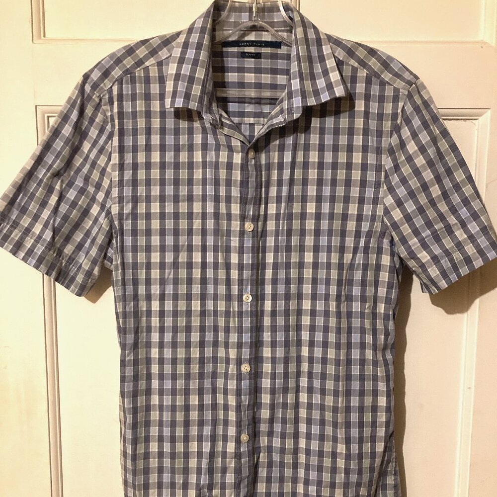 PERRY ELLIS Men's Blue Checks Slim Fit SSl Dress Shirt ~ Sz S
